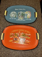 Vtg Mid Century Great Smoky Mountains Souvenir Trays Set 2 Bear Cabin Core MCM picture