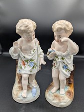 Antique German Gebruder Girls with Birds Set of 2 Porcelain Figurines 6.5