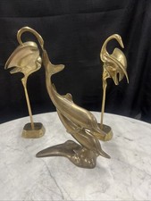 Vintage 1970 Mid Century Pair Of Solid Brass Cranes 13” And Dolphin Pair Brass picture