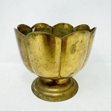 Vintage India Solid Brass Scalloped Pedestal Bowl Gold Tone Patina Petal MCM 8” picture