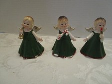 Vintage Lefton 3 angel figurines Christmas KW4836 hand painted Green Japan 1950s picture