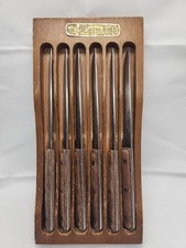 Vintage 1960s Forgecraft Set of 6 Stainless Steel Steak Knives w/Wooden Holder picture