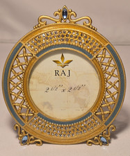 Vintage RAJ Collection Gold Bejeweled Rhinestone Round Mini Picture Frame No Box picture