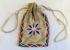 Vintage Lakota Sioux Indian Star Design Beads Beaded Beadwork Leather Bag Pouch picture