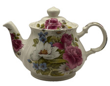 Vintage Sadler Floral Pink Roses - White Flowers - Blue Vinca Tea Pot - 4 Cup picture