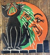 Vintage 1930s Beistle Crying Cat and Moon embossed Halloween die cut made in USA picture
