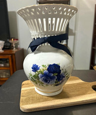 Baum Bros Formalities Victorian Blue Rose Reticulated Vase, Large Size Excellent picture