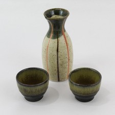 3 Piece Japanese Sake Set  Flask And 2 Cups Beige Speckled And Olive Green picture