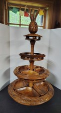 Vintage Tropical Hawaiian Luau Spinning Serving Wood Tray 4 Tiers W/ Pineapple picture
