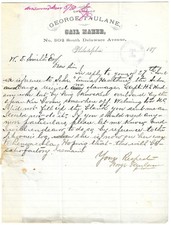 1880 George Taulane Sail Maker Letterhead Philadelphia PA Ship Capt Lost At Sea picture