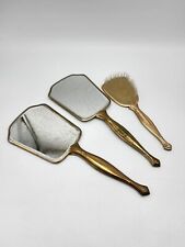Vintage/Antique Hand Held Gold Plated Vanity Mirrors and Hair Brush Needlepoint  picture