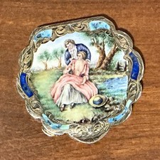 Antique Italian Silver Hand Painted Enamel Powder Compact - 2 3/4” W  picture