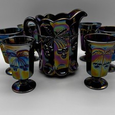 Mosser Amethyst Carnival Glass Water Set Pitcher 6 Goblets Cherry  Cable VTG picture