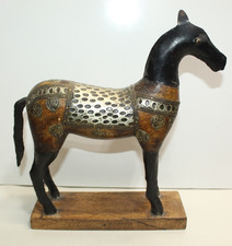 Indian Folk Art Wooden Horse Statue ~ Hand Carved & Hammered Metal 10.5