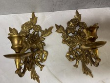 Hollywood Regency Brass Wall Candle Sconces Pair Ribbon Bow Rose Flower Vintage picture