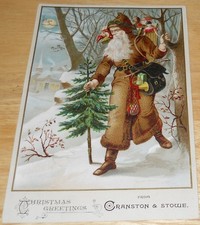 Victorian Trade Card Brown Coat Santa Claus w/Tree/Toys Cranston/Stowe Ohio picture