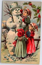 ANTIQUE MERRY CHRISTMAS CHILDREN BUILDING SNOWMAN HOLLY 6618 POSTCARD PO picture