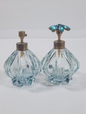 Vintage I.W Rice Czech Crystal Blue Glass Perfume Atomizer Jewel Rhinestone Top picture