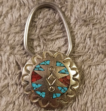 Bennett Pat. Pend. C-31 Metal Keychain Key Ring Southwestern Turquoise Red Inlay picture