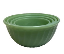 Vtg Anchor Hocking Fire King Jadeite Set of 4 Nested Swirl Pattern Mixing Bowls picture