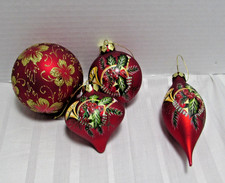 3 Matching Holly Berry Trumpet Red Glass Ornaments Handblown Christmas picture