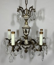 Vintage Spanish 5 Light Brass Chandelier w/ Crystal Prisms & White Enamel Paint picture