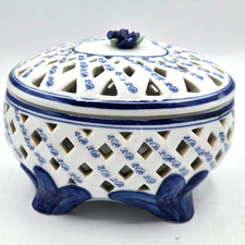 Home & Garden Party Blue & White Porcelain Lattice Footed Potpourri  picture
