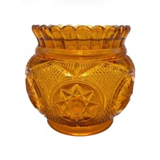 EAPG Amber Glass Vase Candle Holder Star Medallion Scallop Rim Celestial 4.5