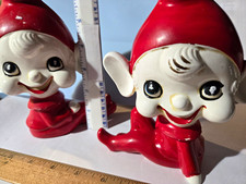 Vintage Large Holiday Elf Sitting legs outstretched Set Hand Painted Ceramic 2pc picture