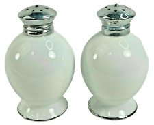 Vintage White Metal Chrome Porcelain Globe Sango Ball Salt and Pepper Shakers  picture