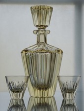 Vintage Czech Citrine Glass Decanter Set w/ 2 Shot Glasses Fluted Mid Century picture