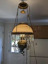 Antique Victorian Hanging Parlor Lamp Chandaliers with Prisms Porcelain Brass picture