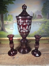 VTG Egermann Czech Mantel Urn W/ Lid & 2 Candle Stick Red Cut To Clear Set picture