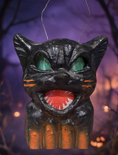 Vtg 1930s-40s Paper Mache BLACK  Cat on Fence Halloween Lantern Excellent Cond. picture