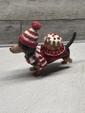 Christmas Dachshund Dog Figurine Red Glitter Hat Scarf Cake Holiday Decor picture