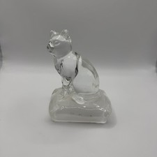 Vintage Clear Glass Cat Figurine on Pillow Paperweight 5” Tall picture