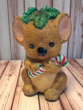 Vintage Ceramic Koala Figurine Holding Candy Cane With Holly Leaf Accent Lefton? picture