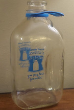 Vintage Lawsons Half Gallon Clear Glass Milk Bottle Blue Plastic Handle picture
