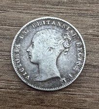 1859 BRITAIN 3 PENCE Silver Coin Queen Victoria with repunched date on 8 error picture