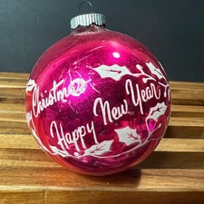 Vintage Shiny Brite Pink Christmas Happy New Year Glass Ball Ornament 3.25'' USA picture