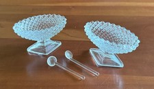 2 Vintage Open Salts Diamond Cut Glass/Crystal?  Pedestal w Scallop Shell Spoons picture