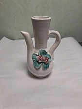 Vintage Miniature Porcelain Ewer Pitcher Vase Applied Pink Roses Cottagecore picture