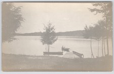 Vintage RPPC Lake Scene Rowboat Dock Trees Real Photo Postcard Unposted picture