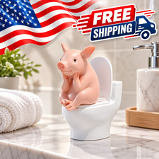 Adorable Pink Pig on Toilet Figurine - Whimsical Pvc Decor for Home, Office, & C picture