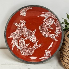 VTG Neiman Marcus Porcelain Red-Orange Koi Fish Bowl Pewter Wrapped Hong Kong 8