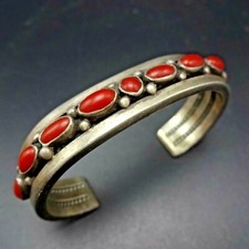 Vintage Heavy Ingot Sterling Silver RED MEDITERRANEAN CORAL Cuff BRACELET picture