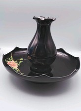 Vintage Black Amethyst Glass Centerpiece Vase with Shallow Hand-painted Bowl picture