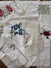 Vintage Needlepoint Table Linen Lot of 8 Hand Embroidered Crochet Trim. As Is. picture