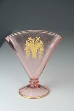 Vintage Pink Depression Glass Fan Vase with Etched Floral & Gold Rim 7.25