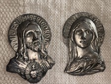 Vintage Sacred Heart of Jesus & Immaculate Heart of Mary Metal Wall Plaques 1924 picture